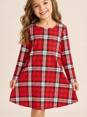 NWOT Forever Rose Girls' Red Plaid Long-Sleeve Dress
